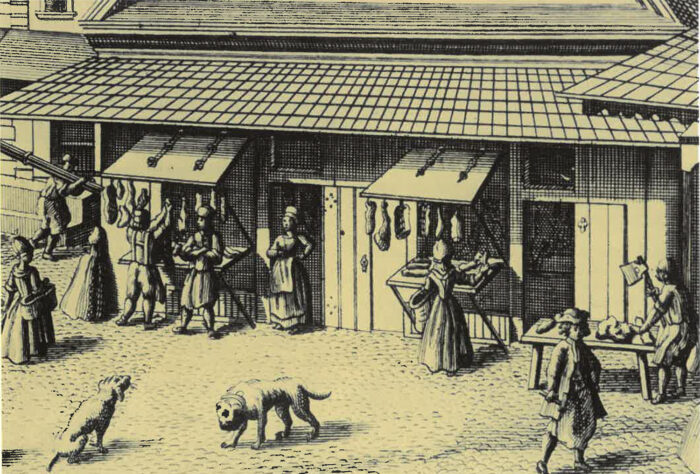 Fleischbänke in der offenen Laube (Stich 18. Jahrhundert)